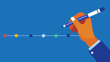 A closeup shot of a hand holding a pen as it carefully marks off completed milestones on a colorful and detailed project timeline showcasing