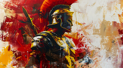 painting of a Roman centurion leading his legionaries into the heart of battle, his polished armor reflecting the flames of war	