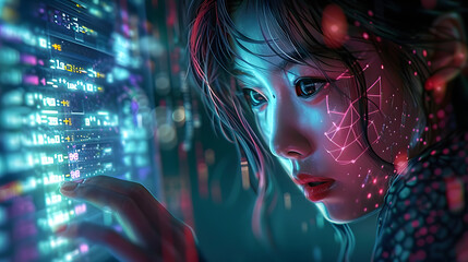 Cyberpunk asian girl with laptop and binary code. - obrazy, fototapety, plakaty