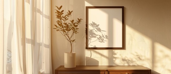 A mockup poster featuring a 5x7 dark wooden frame displayed on a beige wall in a sunlit interior setting, offering a minimalist approach to home decor. - obrazy, fototapety, plakaty
