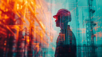 Double exposure building construction, civil engineering project manager worker working with modern civil equipment technology, architect people, or construction workers working.