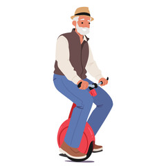 Fototapeta na wymiar Elderly Gentleman Joyfully Maneuvers An Electric Monowheel, Embracing Modern Mobility With A Smile, Cartoon Illustration