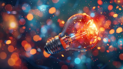 Glowing light bulb with sparks in a dark, bokeh background