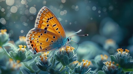 Fototapeta na wymiar Fragile butterfly on green plant in garden