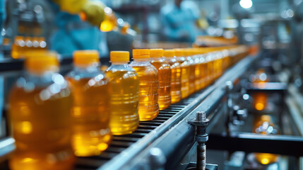 Bottle of oil on conveyor belt