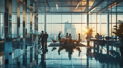 Business people collaborating in a glass office at sunset, city skyline - obrazy, fototapety, plakaty