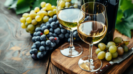 Wine and grapes on wooden table