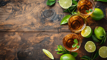 Lime and tequila on wooden table