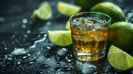 Glass of tequila with lime slices on dark