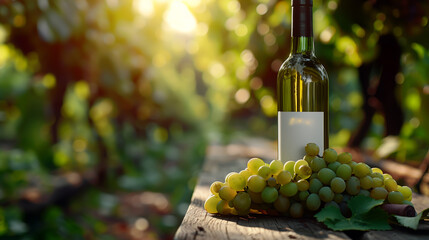 Bottle of wine and grapes on wooden table in vineyard