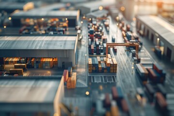 Twilight over industrial port, cranes towering over stacked shipping containers, trucks in motion, tilt-shift focus. - obrazy, fototapety, plakaty