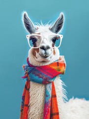 Obraz premium A llama is wearing stylish glasses and a cozy scarf, adding a touch of uniqueness to its appearance