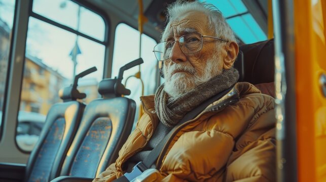 Elderly man deep in thought on a bus, city life in the background.