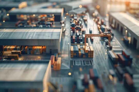 Twilight over industrial port, cranes towering over stacked shipping containers, trucks in motion, tilt-shift focus.