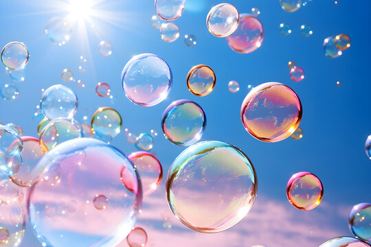 Play of Light and Colors: A Spectrum of Colorful Bubbles Floating Against the Azure Sky