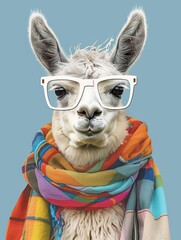 Fototapeta premium A llama standing while wearing stylish glasses and a colorful scarf, looking fashionable and unique