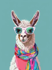 Obraz premium A llama is adorned with stylish sunglasses and a scarf, standing confidently in its attire