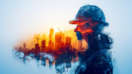 Double exposure building construction, civil engineering project manager worker working with modern civil equipment technology, architect people, or construction workers working. - obrazy, fototapety, plakaty
