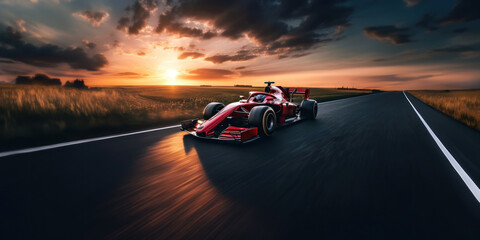 Une voiture de course rouge roulant sur une route de campagne au coucher du soleil, image avec espace pour texte. - obrazy, fototapety, plakaty