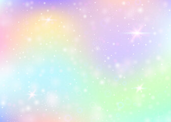 Holographic background with rainbow mesh. Cute universe banner in princess colors. Fantasy gradient backdrop with hologram. Holographic magic background with fairy sparkles, stars and blurs.