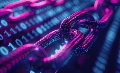 Rendu 3D d'une chaîne numérique avec code binaire en gros plan sur fond coloré bleu et rose.