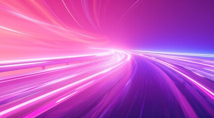 Fototapeta na wymiar Concept de technologie futuriste, route à grande vitesse, fond sombre, traînées lumineuses violettes et roses, mouvement rapide, autoroute de l'information, image avec espace pour texte.