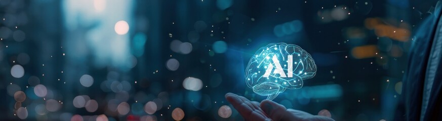 Homme d'affaires tenant un hologramme représentant un cerveau numérique et un concept de technologie d'intelligence artificielle sur un fond sombre, image avec espace pour texte. - obrazy, fototapety, plakaty