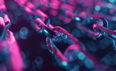 Fond numérique présentant des chaînes avec des lumières néon roses et bleues, créant une atmosphère de technologie futuriste et de cybersécurité dans le style de rendu 3D. - obrazy, fototapety, plakaty