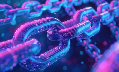 Fond numérique présentant des chaînes avec des lumières néon roses et bleues, créant une atmosphère de technologie futuriste et de cybersécurité dans le style de rendu 3D. - obrazy, fototapety, plakaty