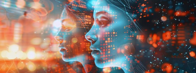 Visages humains numériques avec des données et des codes numériques lumineux sur la peau, en double exposition. Image conceptuelle symbolisant la technologie moderne et l'intelligence artificielle.