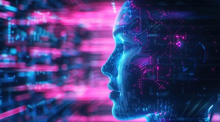Silhouette d'une tête d'Intelligence Artificielle holographique, illustration numérique colorée sur fond de circuits technologiques futuristes.