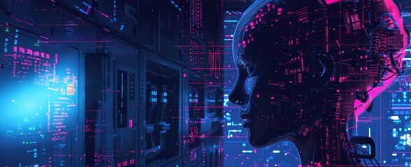 Silhouette d'une tête d'Intelligence Artificielle holographique, illustration numérique colorée sur fond de circuits technologiques futuristes.