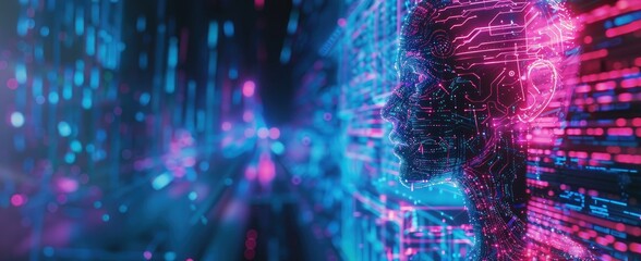 Silhouette d'une tête d'Intelligence Artificielle holographique, illustration numérique colorée sur fond de circuits technologiques futuristes. - obrazy, fototapety, plakaty