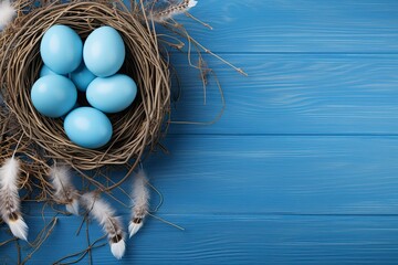 Banner. Easter eggs, feathers in a nest on a blue wooden background. The minimal concept. Top view. Card with a copy of the place for the text - generative ai