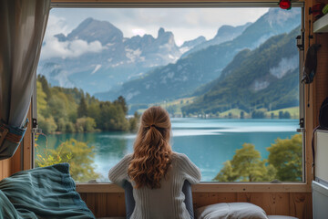 Woman Observing Lake Through Window