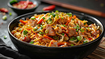Asian food fried rice noodles with pork and vegetables