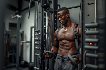 Fototapeta na wymiar Muscular Man Working Out in Gym With Bar