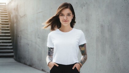 Oversize white style t-shirt mockup photo with beautiful girl with tattoos and light concrete background