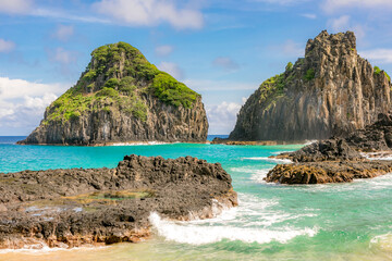 Turquoise water around the Two Brothers rocks, Fernando de Noronha, UNESCO World Heritage Site, Brazil.