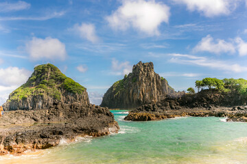Turquoise water around the Two Brothers rocks, Fernando de Noronha, UNESCO World Heritage Site,...