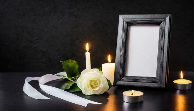 Funeral photo frame with ribbon, white rose and candles on a dark table on a black background. Space for design 
