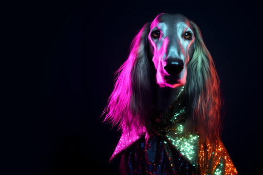 Creative animal concept. Afghan Hound dog puppy in disco neon glitter glam shiny glow sequin outfit, copy text space. commercial, editorial advertisement party invitation invite, surreal surrealism	
