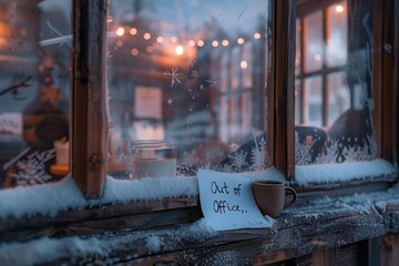 A warm cup of coffee rests on a window sill, steam rising as it contrasts with the wintry scene outside.