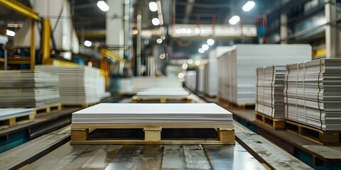 Closeup of offset printing process in modern printing house with stacks of printed sheets on wooden pallets. Concept Printing House, Offset Printing, Printed Sheets, Wooden Pallets, Modern Technology - obrazy, fototapety, plakaty