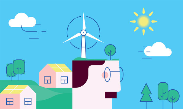 Human Head with Wind Turbine and Homes with Solar Panels in the Village - vector concept illustration