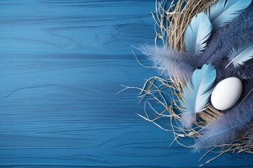 Banner. Easter eggs, feathers in a nest on a blue wooden background. The minimal concept. Top view. Card with a copy of the place for the text - generative ai