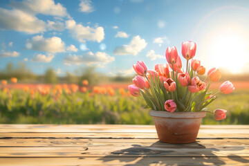 A wooden table with a bouquet of tulips on springtime meadow background, for product presentation use.