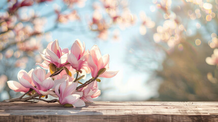 A wooden table with a bouquet of magnolias on springtime meadow background, for product...