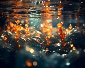 Abstract background with bokeh defocused lights and water surface.