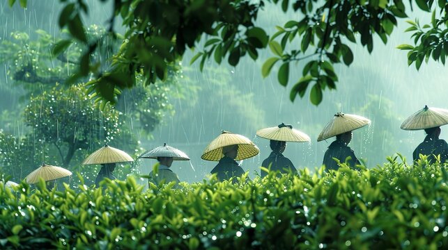 ea gardens of Hangzhou, China, light rain falls in March, and tea pickers wearing bamboo hats are harvesting in the tea gardens, presenting the atmosphere of misty and rainy